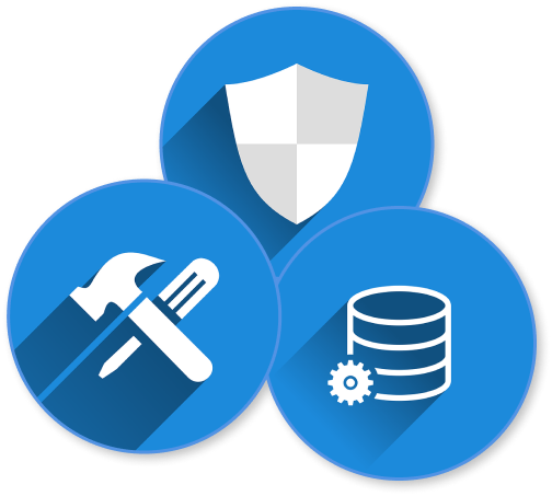 방패모양 아이콘, 망치와 드라이버 아이콘, 데이터베이스를 의미하는 아이콘
